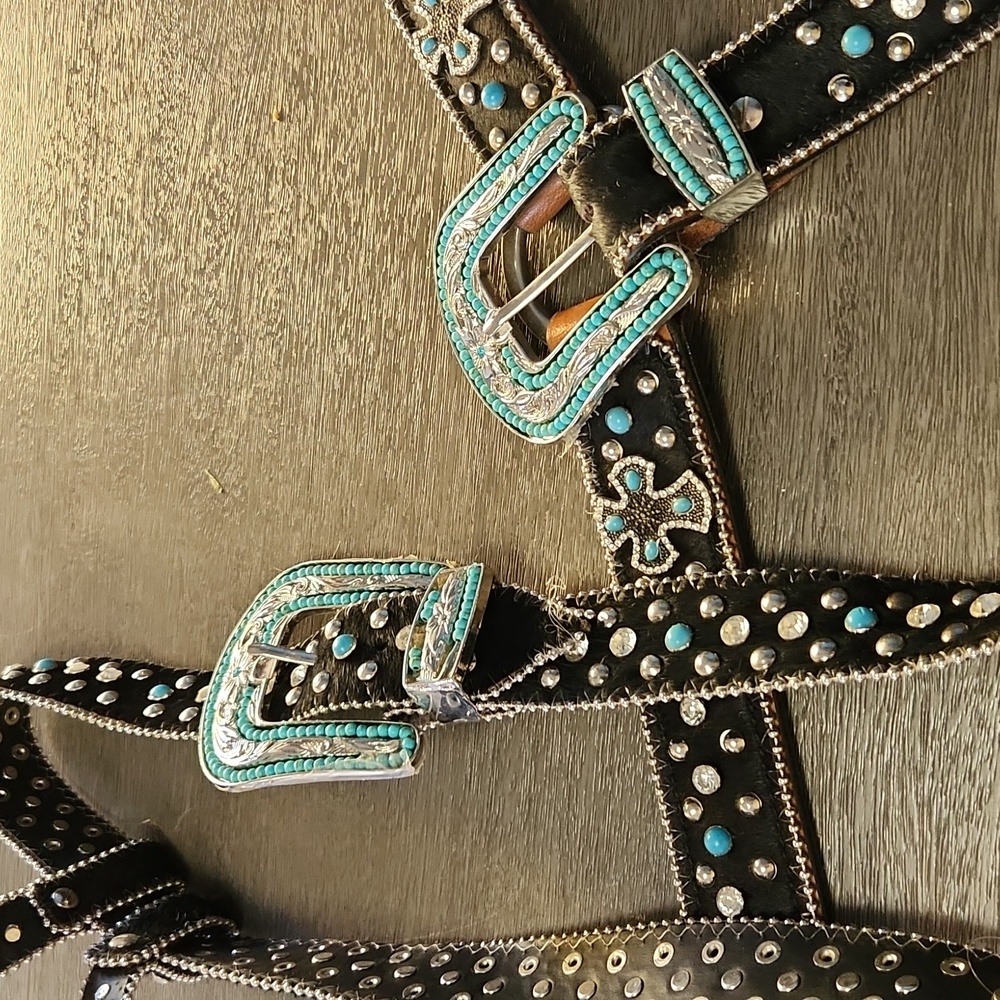 Western Horse Bridle & Breast Collar With Crosses And Turquoise Bling Belt Style - Picture 2 of 8